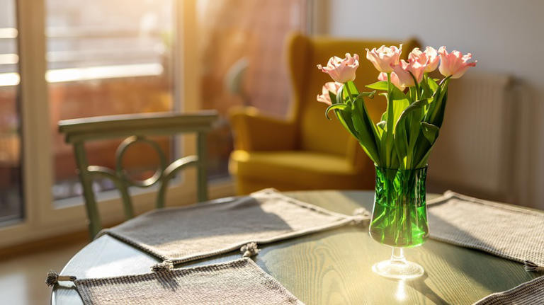 Floral arrangement on sunny table